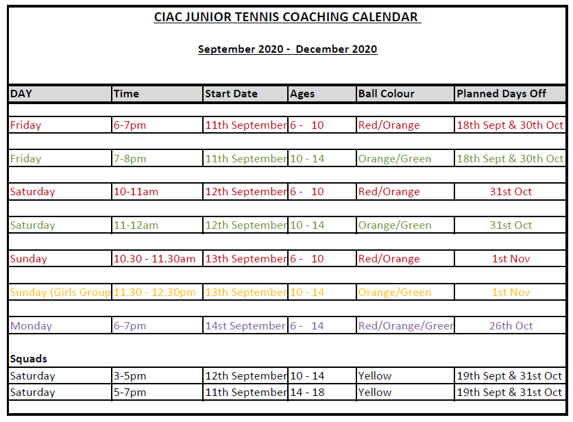 CIAC Junior Tennis Lessons Calendar Sept -Dec 2020
